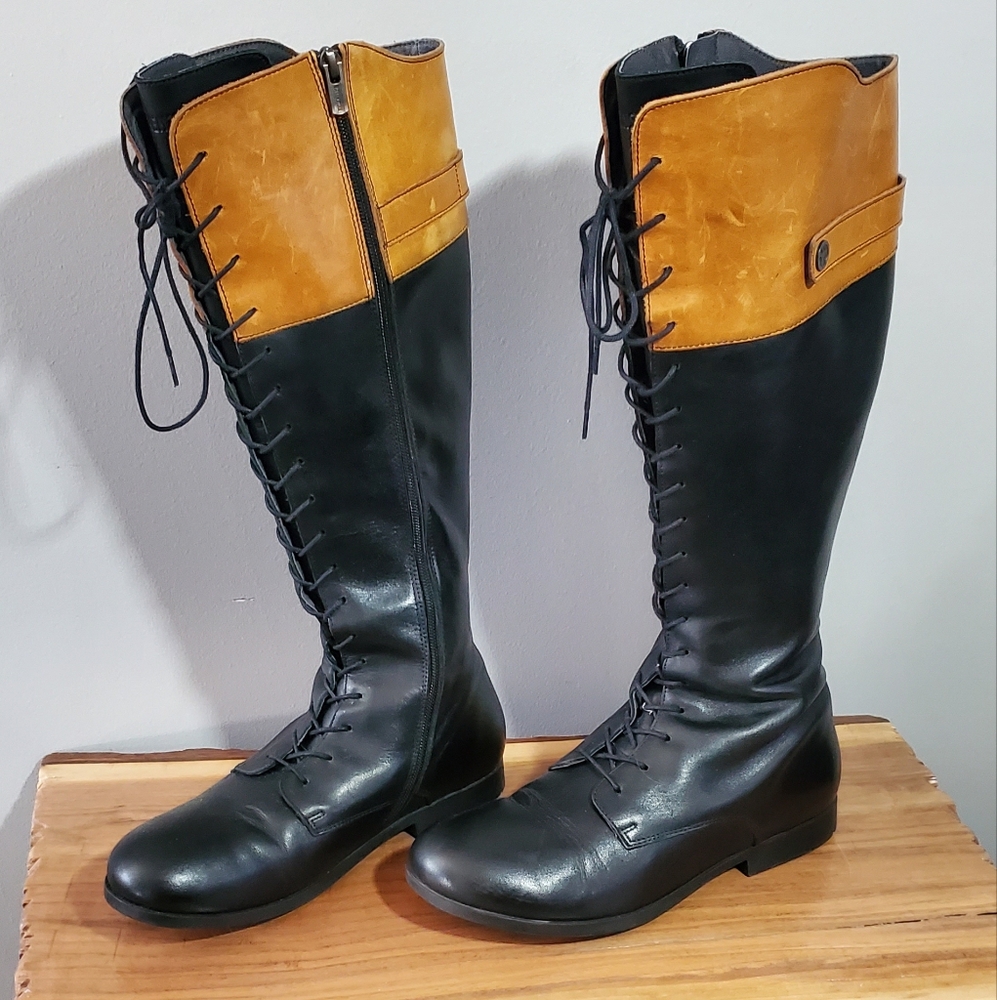 Birkenstock Longford Black & Tan Two-Tone Leather Lace-Up Boots Equestrian EU 40